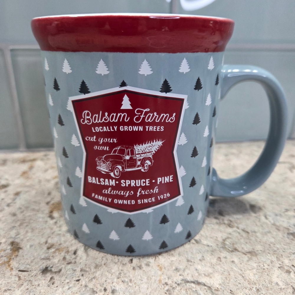 Balsam Farms Ceramic Mug Farmhouse‎ Truck Christmas Trees Red Rim